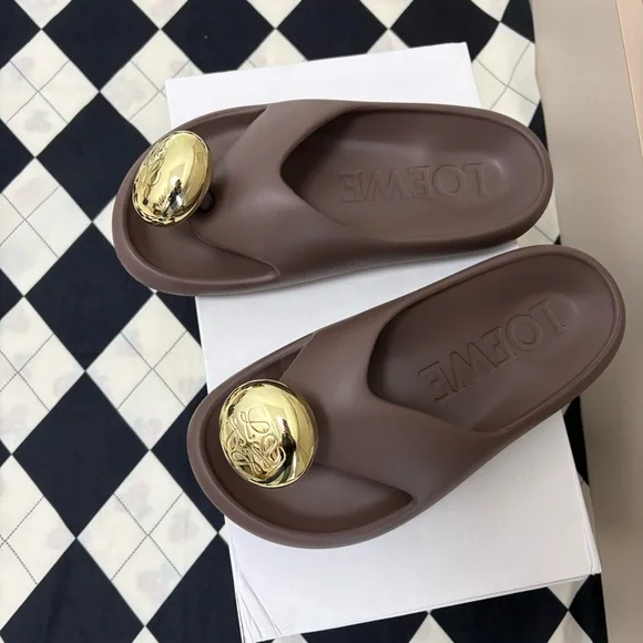 Loewe Chocolate Brown Slide Sandals with Gold Orb Detail - Picture 4 of 7